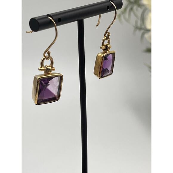 Sterling Silver Vermeil Designer IND Square Cut Bezel Set Amethyst Drop Earrings - Picture 3 of 8